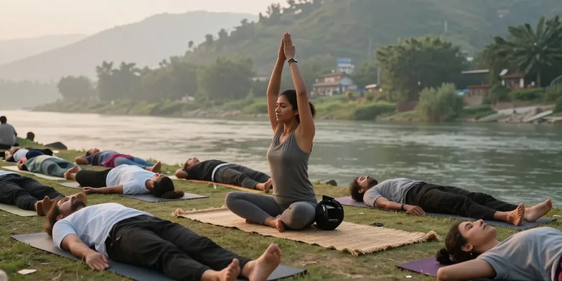 Yoga instructor certification india during outdoor class on the Ganges River, capturing a serene atmosphere of transformation and tranquility.