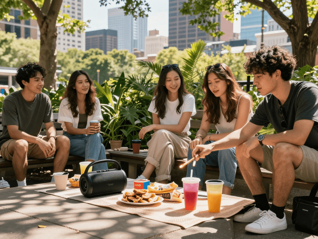 Friends enjoying a casual gathering outdoors while one lights a rokok 88 in a vibrant urban park setting.