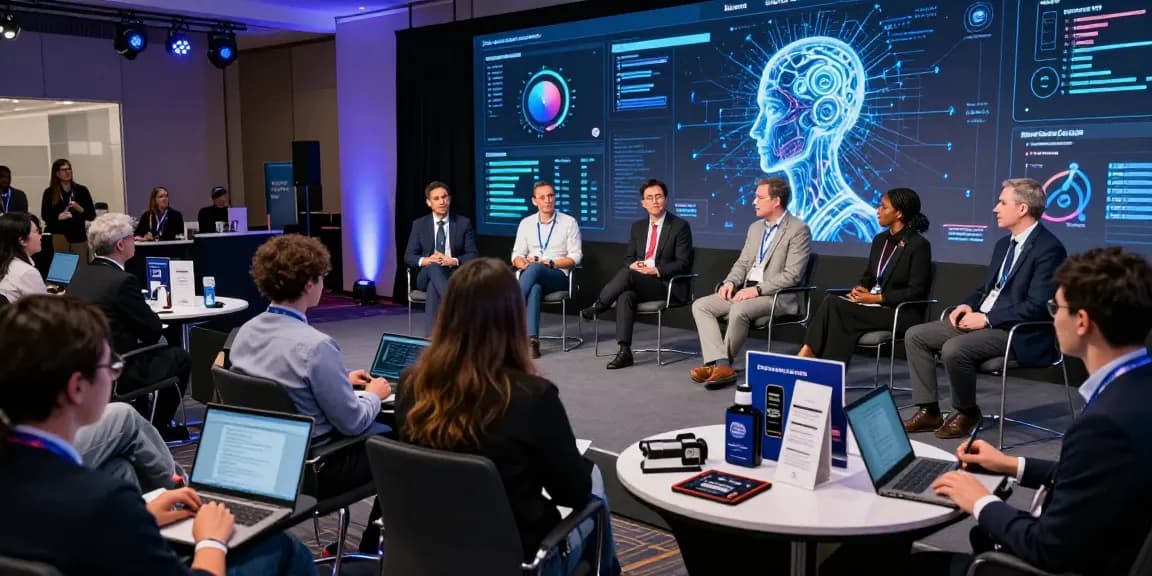 Panel discussion on AI innovations at technology conference featuring diverse professionals and audience engagement, focused on ia +18 advancements.