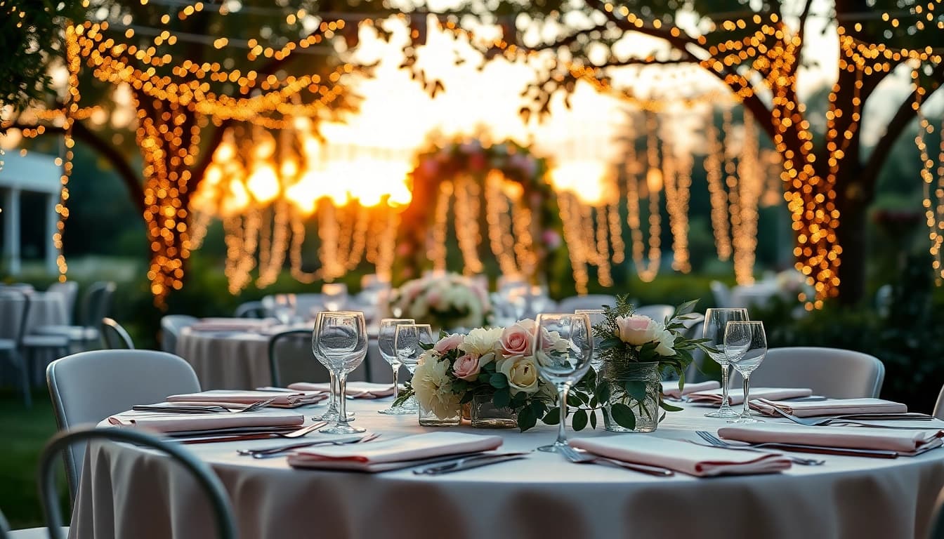 Captivating outdoor wedding reception setup by https://www.casablancahire.co.uk/ featuring twinkling lights and floral arrangements.