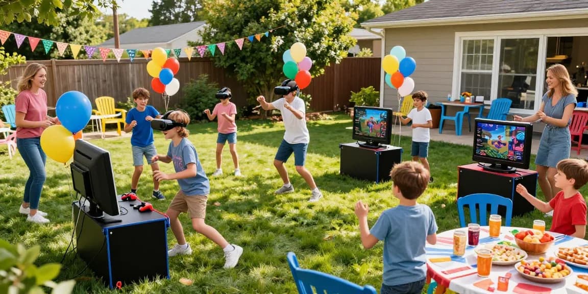Boys birthday party scene with kids playing games outdoors, vibrant atmosphere full of laughter and excitement.