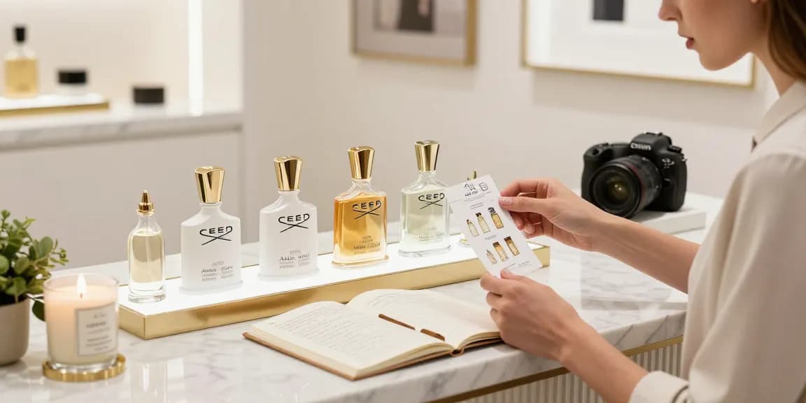 Fragrance exploration featuring Creed (Aventus only) in a luxurious boutique with elegant displays and stylish ambiance.