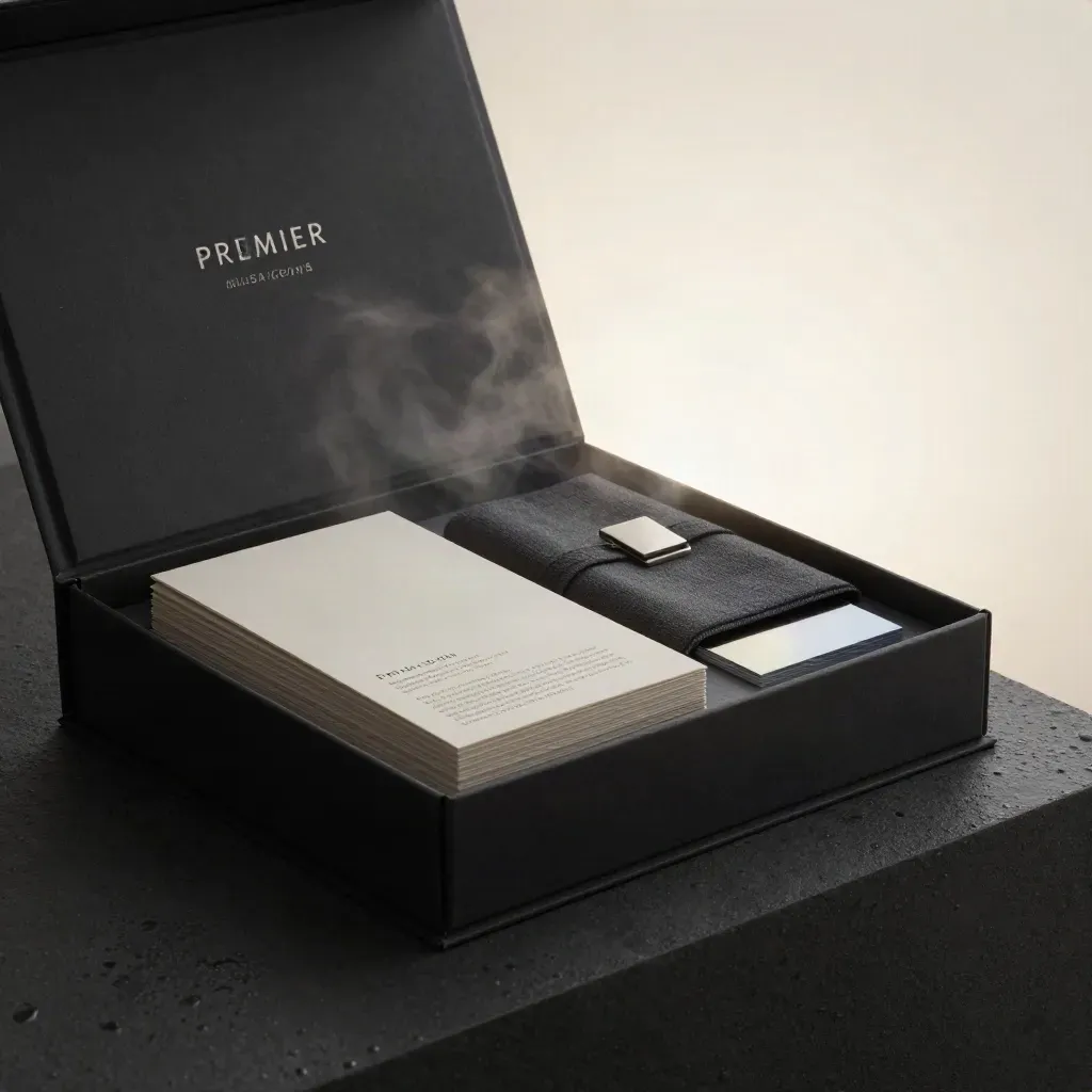 Open brand launch kit in a black presentation box on a misty studio plinth, softly lit.