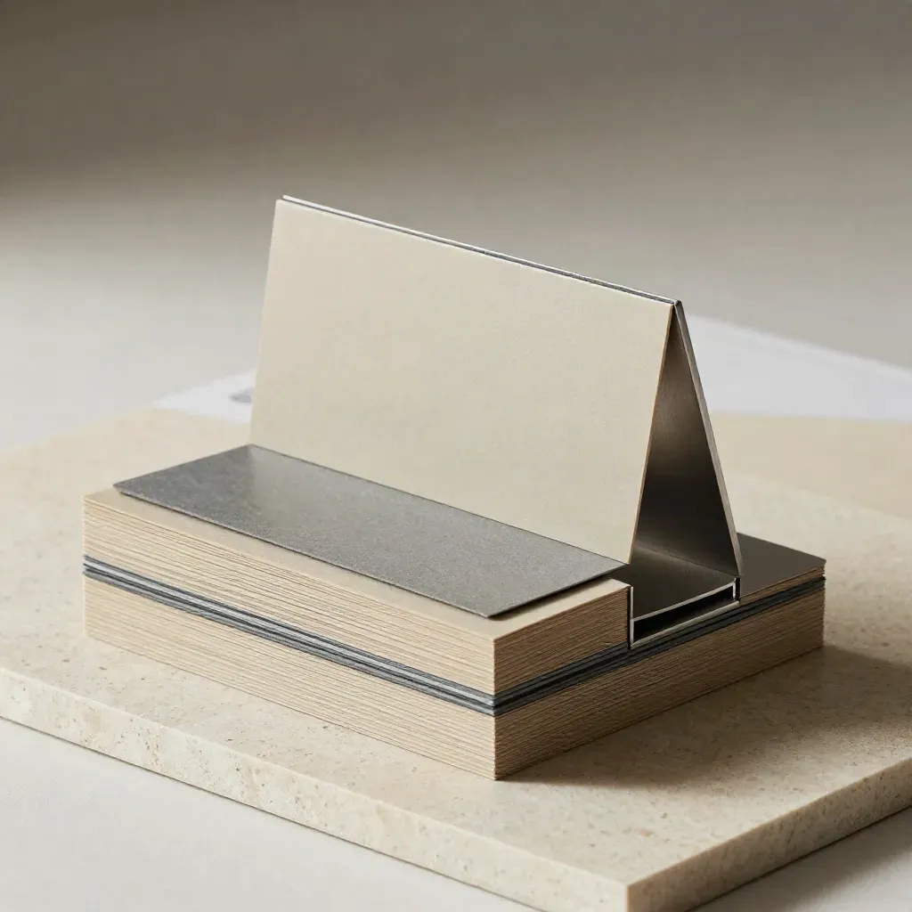 Layered website-build kit with folded facade mockup and brushed metal spacer on a limestone plinth