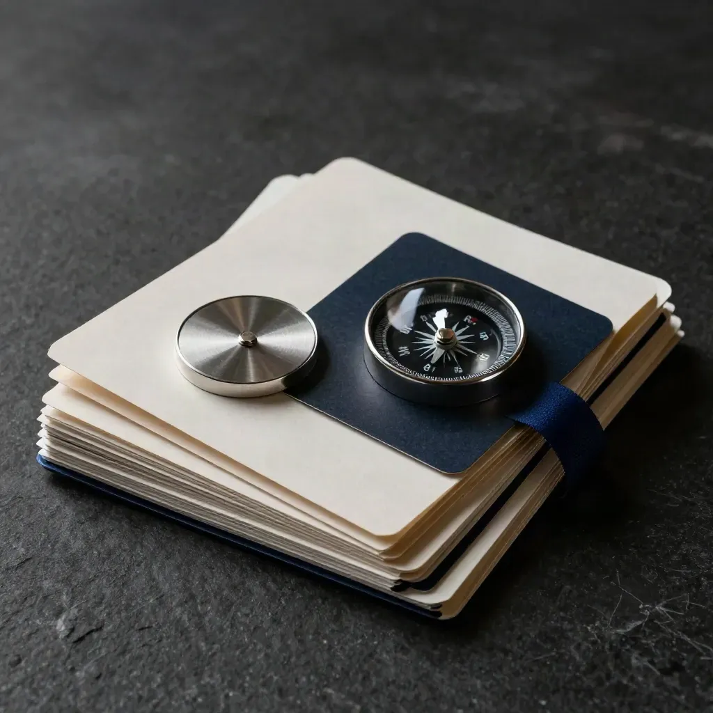 SEO bundle with tabbed cards, route ribbon, compass disc and stone paperweight on dark stone