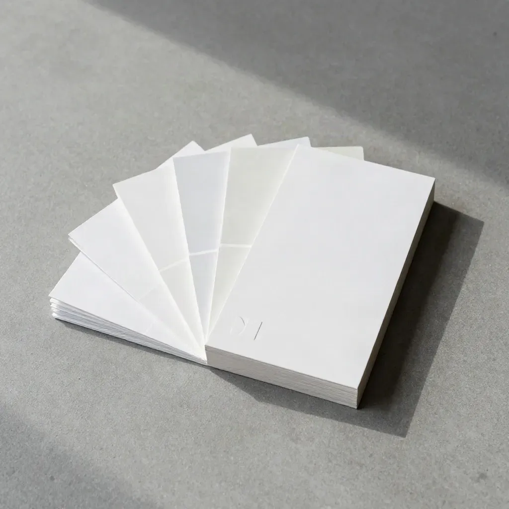 Overhead flatlay of a sprint box, blank cards, colour chips and swatch strip on concrete.