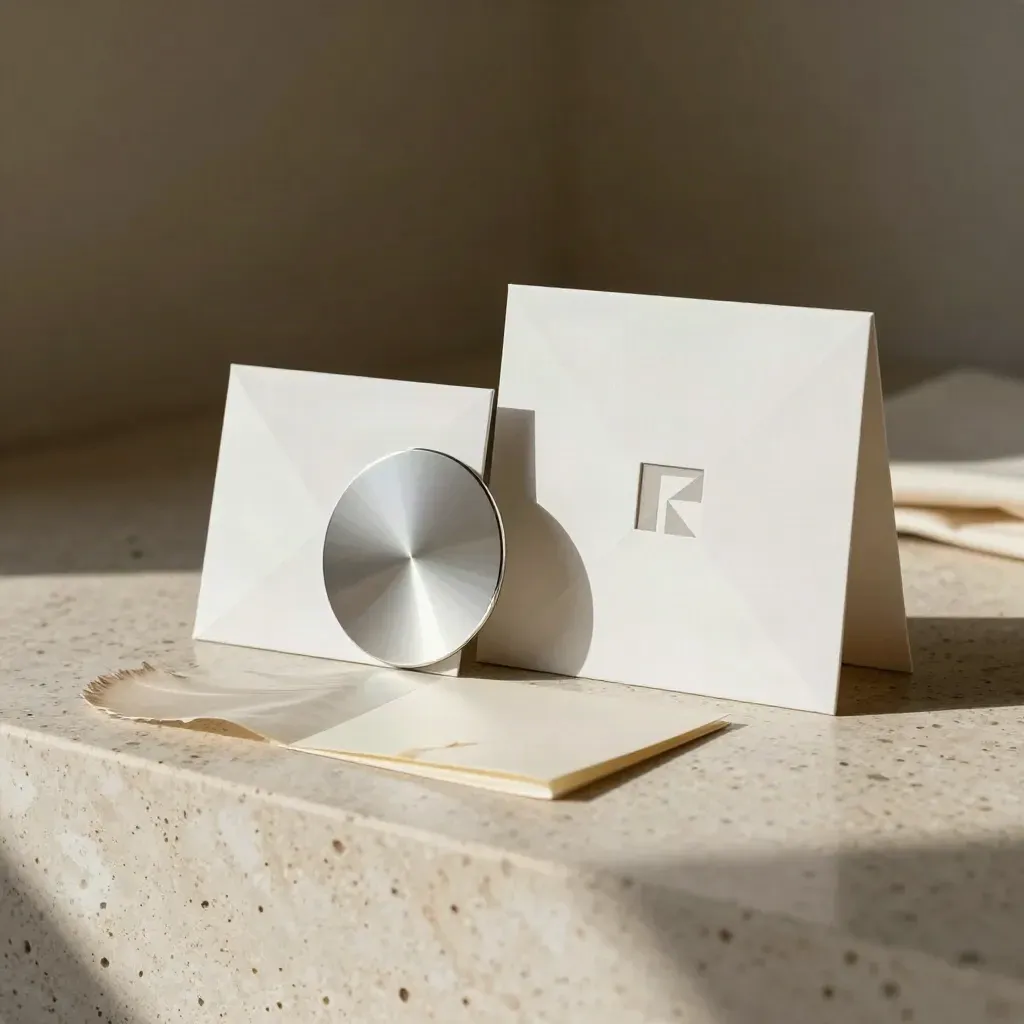 Identity refresh kit with geometric pieces, emblem disc and paper swatches on travertine.