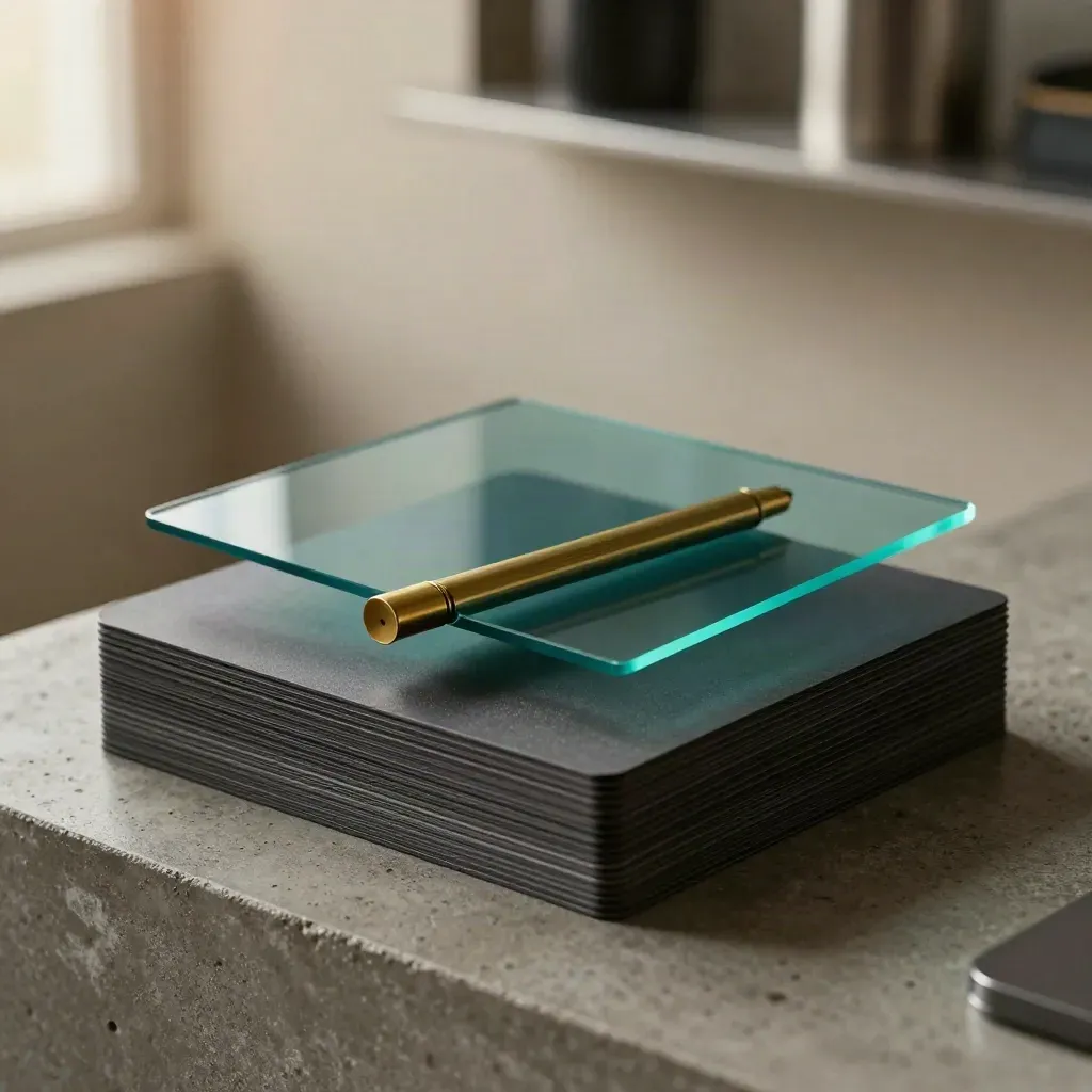 Macro of a teal-accented campaign deck with brass marker on a concrete plinth.