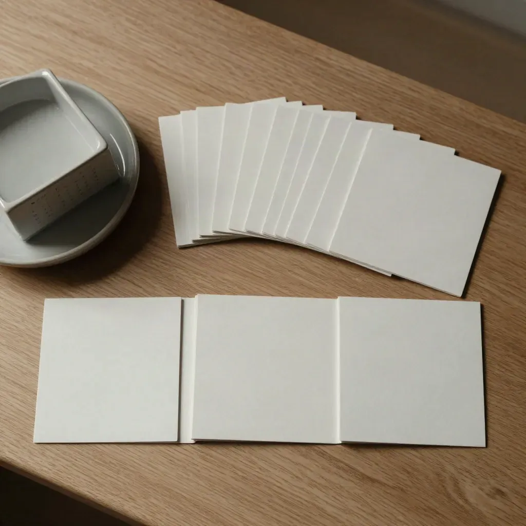 Overhead flatlay of blank cards, a slim calendar block, and a slate ceramic tray on pale wood.