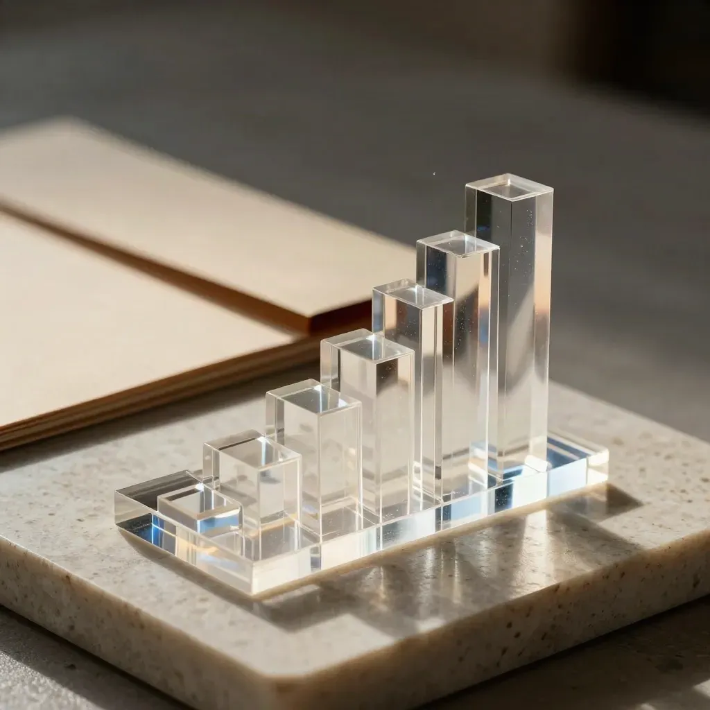 Macro acrylic data block with stepped bars and a face-down report folder on stone