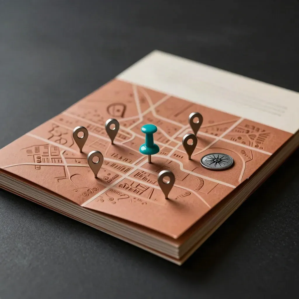 Folded map-grid bundle with clustered pins and an etched stone on a dark studio surface.