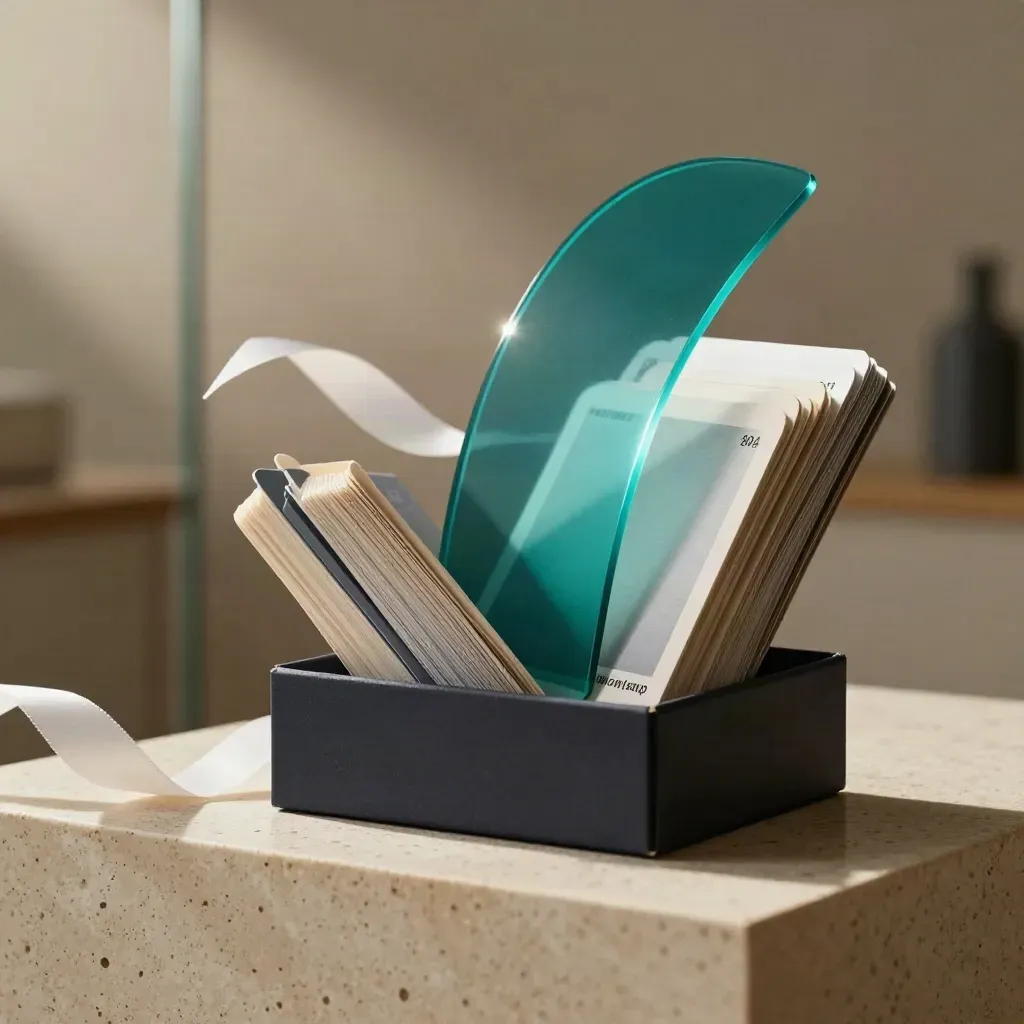 Startup growth kit with dark box, teal arc and ribbon spilling cards on travertine.