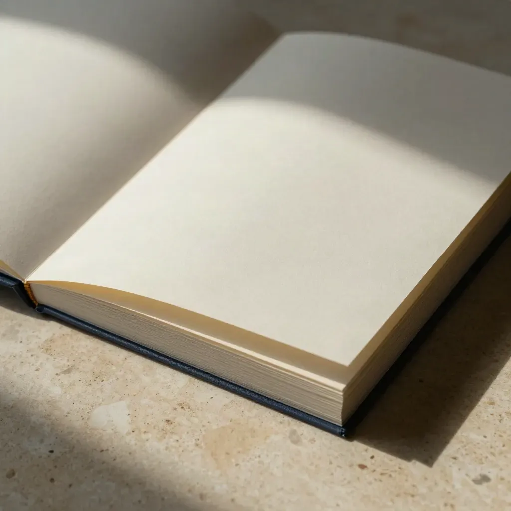Macro of a blank premium booklet with folded cards and a paper divider on travertine.