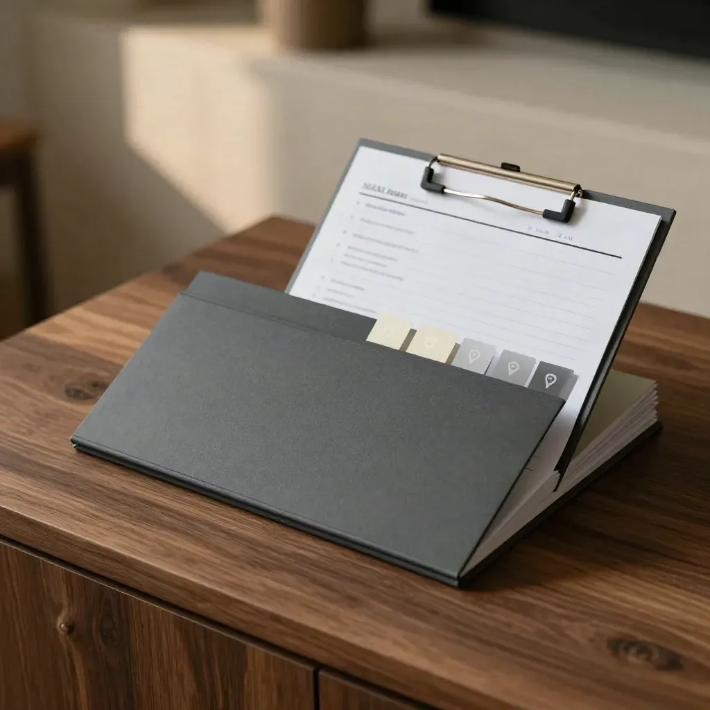 Compact SEO audit kit with a matte folder box, translucent markers and a blank checklist board on walnut.