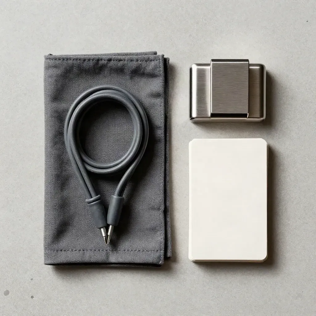 Overhead flatlay of a WordPress care plan kit with cloth, cable, tool block and service cards.