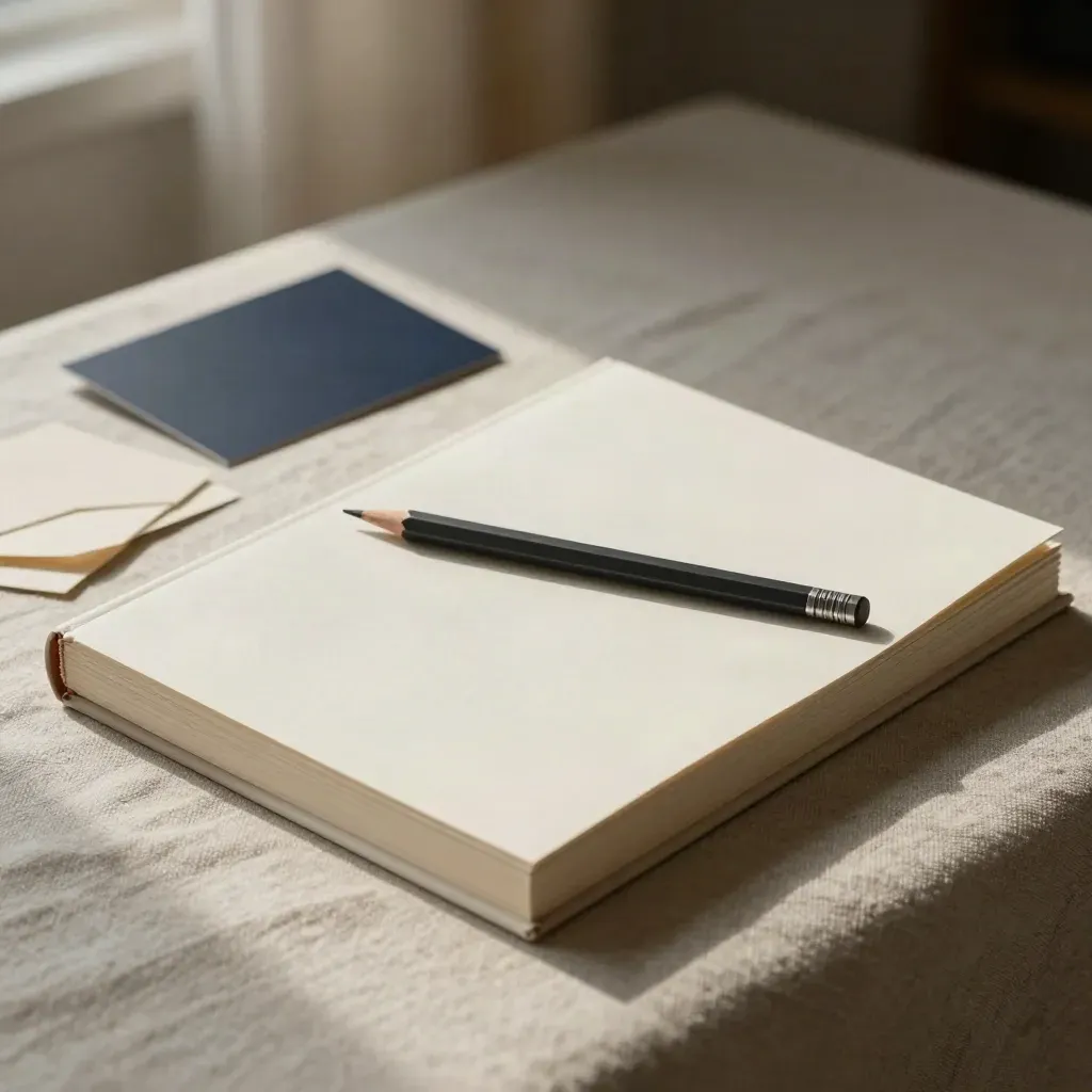Open brand guide, pencil and paper swatches on linen in soft window light.