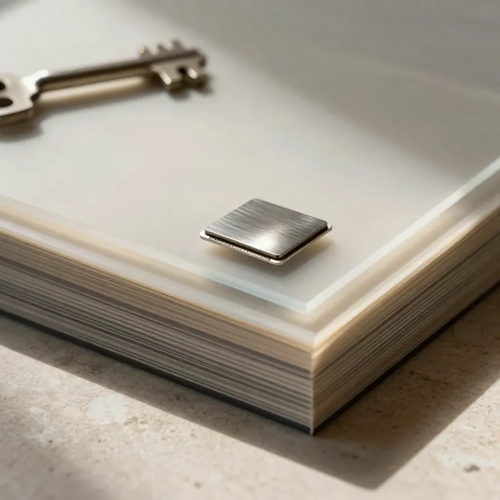 Macro stack of translucent landing-page plates, acrylic panel and budget chip on limestone.