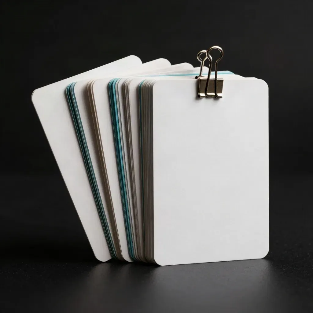 Three clipped service cards with a paper fan and metal spacer on a dark studio surface.