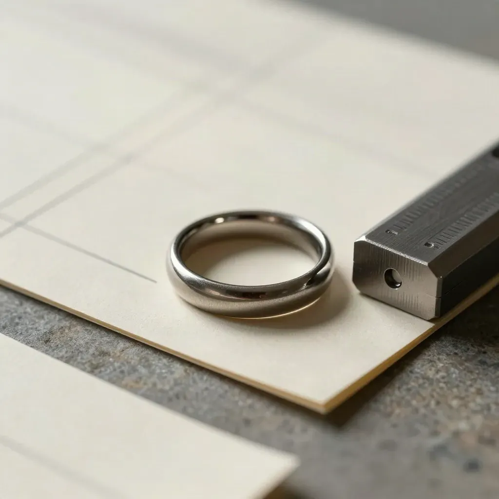 Macro of a graphite check ring over blank report cards beside a calibration block