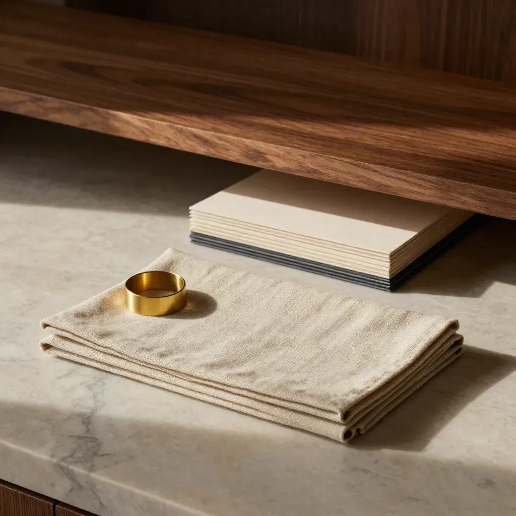 Marble worktop with linen, brass and presentation boards in warm sunlit haze.