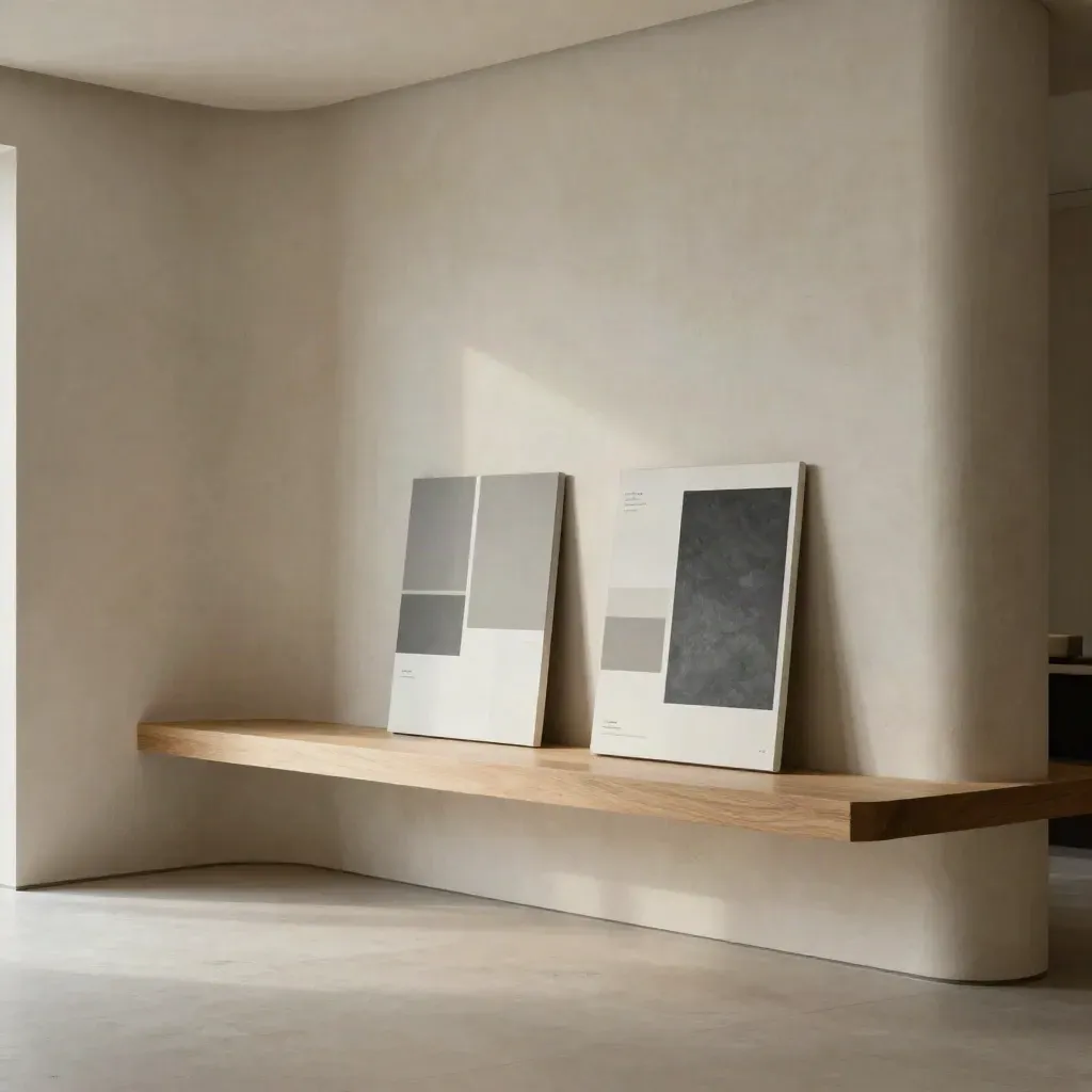 Curved plaster studio corner with timber ledge and soft daylight, open floor for copy.